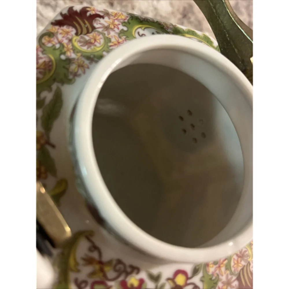 Vintage Japanese‎ Toyo Ming Lotus Hexagon Floral Tea Kettle W/Brass Handle VGUC